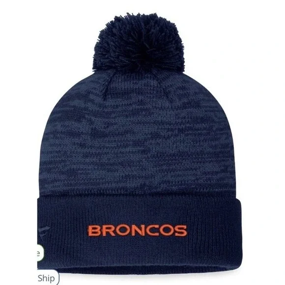 Denver Broncos Knit Hat Fanatics Branded Defender Cuffed Pom Navy Blue New - Picture 2 of 4